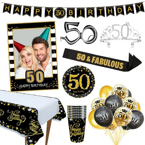 Шары черно-золотые, с надписью Happy Birthday 50 лет