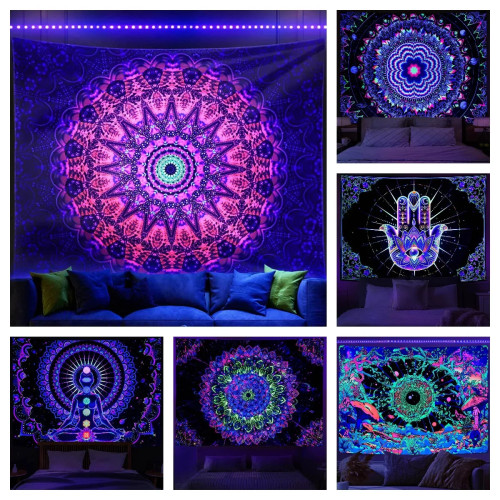 Гобелен с мандалой Blacklight в богемном стиле, украшение для комнаты в стиле хиппи, настенная подвесная эстетика для УФ-йоги, медитации, спальни