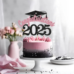 Топпер для выпускного торта класса 2025, черный и розовый бамбук, идеально подходит для тортов средней школы/соледжа/университета