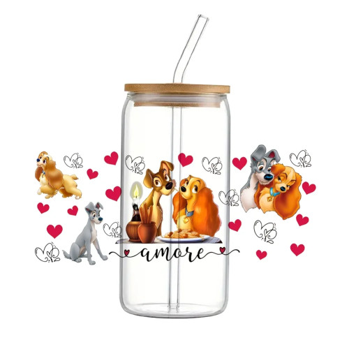 w postaci kreskówki Disney Lady And The Tramp UV DTF Transfer Sticker Wodoodporne naklejki transferowe do naklejek na szklane kubki o pojemności 16 uncji