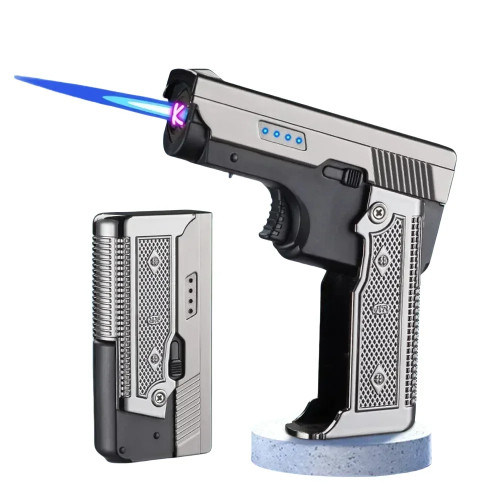 Ветрозащитная складная газовая электрическая зажигалка с двумя USB-портами, металлическая турбина, синий пламя, фонарик с двойной дугой, зарядная зажигалка, мужской подарок