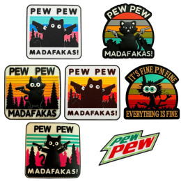 PEW PEW MADAFAKAS Cat Забавная тактическая нашивка из ПВХ с рисунком черного кота, значок морали, военный значок на липучке, уличный рюкзак, наклейка