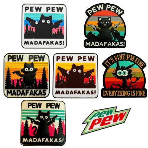 PEW PEW MADAFAKAS Cat Забавная тактическая нашивка из ПВХ с рисунком черного кота, значок морали, военный значок на липучке, уличный рюкзак, наклейка