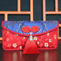 HongBao 2023, традиционная китайская сумка для свадебных приглашений, шелковая новогодняя красная сумка-конверт с вышивкой, сумка для денег на удачу с кисточкой