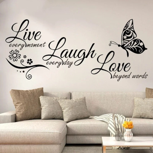 Live Laugh Love Butterfly Flower Настенная художественная наклейка Современные наклейки на стены Цитаты Виниловые наклейки Домашний декор Гостиная