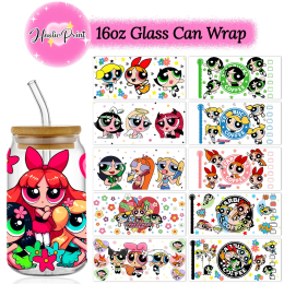Powerpuff Girls UV DTF чашка обертка 16 унций Libbey стеклянная банка DIY наклейка мультфильм самоклеящаяся моющаяся DIY цветущие пузыри чашка