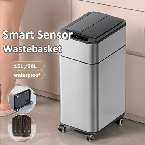 Умный мусорный бак 20 л, кухонный мусорный бак с двусторонним датчиком, мусорная корзина, автоматическое мусорное ведро из нержавеющей стали, домашнее прямоугольное мусорное ведро