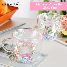 KEMORELA 1 шт., прозрачные стеклянные кофейные кружки с двойными стенками, прозрачные стеклянные чашки с ручкой, цветные шарики в форме любви для кофе эспрессо
