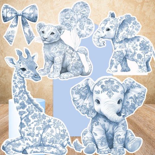 Доска KT Blue Toile Safari Animals Cutout Chinoiserie Toile de Jouy Boy Baby Shower Декор Опора Dusty Blue Watercolor Jungle Prop