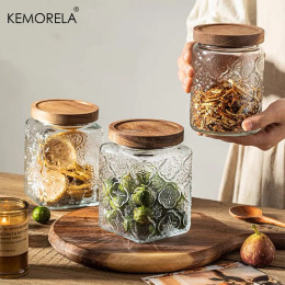 KEMORELA винтажная стеклянная банка-канистра для хранения с уплотнением, деревянная крышка, ретро-дизайн, деревянная стеклянная герметичная канистра, тисненый контейнер