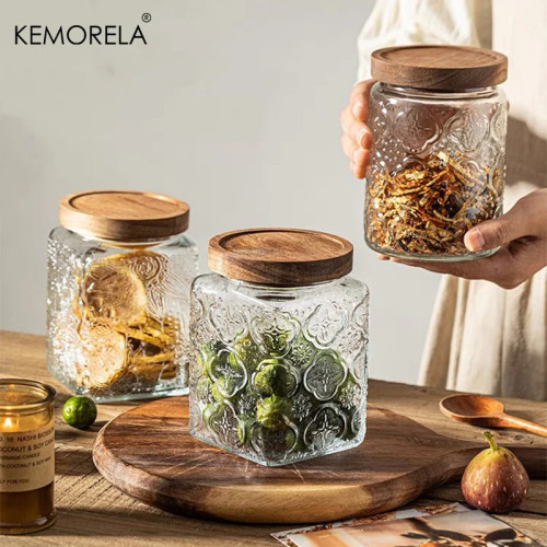KEMORELA винтажная стеклянная банка-канистра для хранения с уплотнением, деревянная крышка, ретро-дизайн, деревянная стеклянная герметичная канистра, тисненый контейнер
