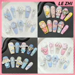 10 шт., мультфильм Sanrio Hellokitty Mymelody Cinnamoroll, ручная работа, накладные ногти на шпильке, длинный гроб со стразами, полное покрытие, накладные ногти