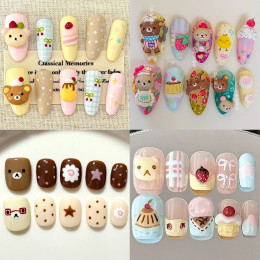 10 шт. Kawaii 3D мультфильм квадратный короткий круглый миндаль полное покрытие ногтей милый медведь кремовый стиль клубника торт лук ногти вечерние наклейки