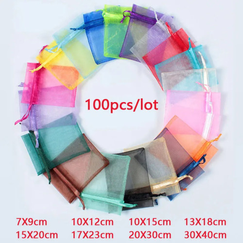 Сумка из органзы 100 шт./лот 7x9 9x12 10x15 15x20 20x30 Подарочные пакеты из органзы для свадьбы Маленькие сумки из органзы Сумка для ювелирных изделий на шнурке
