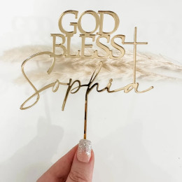 Мерцающий Топпер для торта с надписью God Bless, акриловый Топпер для торта, очаровательный перекрестный Топпер для торта, Персонализированный Деревянный Топпер для торта