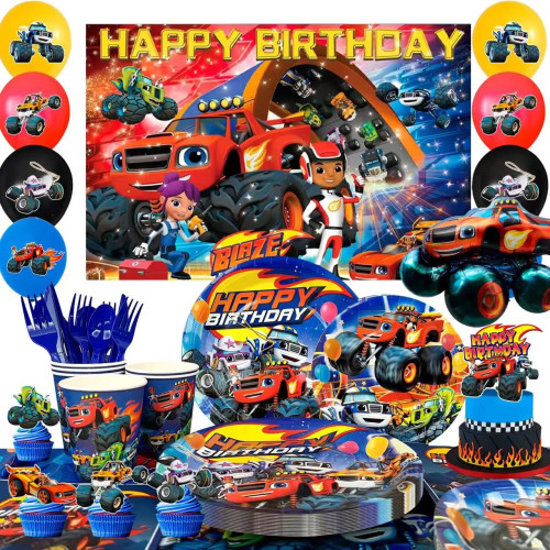 Товары для вечеринок Monster Truck, 140 шт. украшения на день рождения и набор столовых приборов-Тарелки Monster Truck Чашки Скатерть Воздушный шар Фон и т. д.