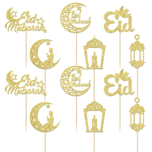 12/24 шт Ид Мубарак Cupcake Toppers Золотой блеск Луна звезда Рамадан Карим торт выбрать Ид Исламская тематическая вечеринка торт украшение
