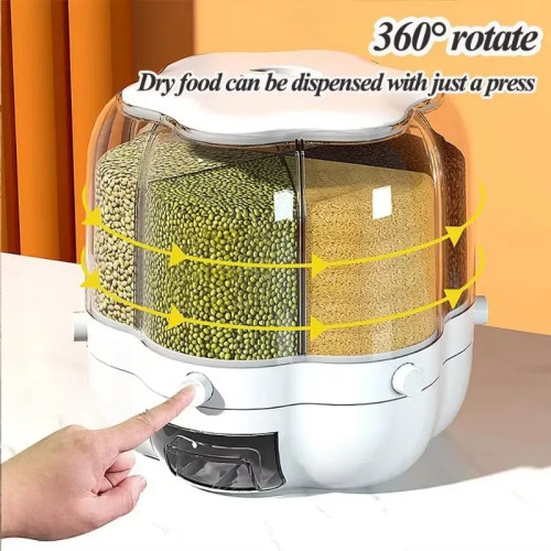 360 °   Вращающийся контейнер-дозатор для круп, столешница, пищевая мука, закуска, дисплей, банка для хранения сухих продуктов, контейнер для еды с 6 сетками