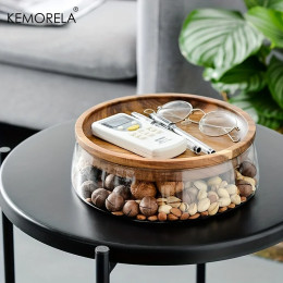 Деревянные подносы Стеклянная чаша Орехи Фрукты Контейнер для еды для крупив Банка Двухслойные банки для конфет с деревянной крышкой Домашнее кухонное хранилище