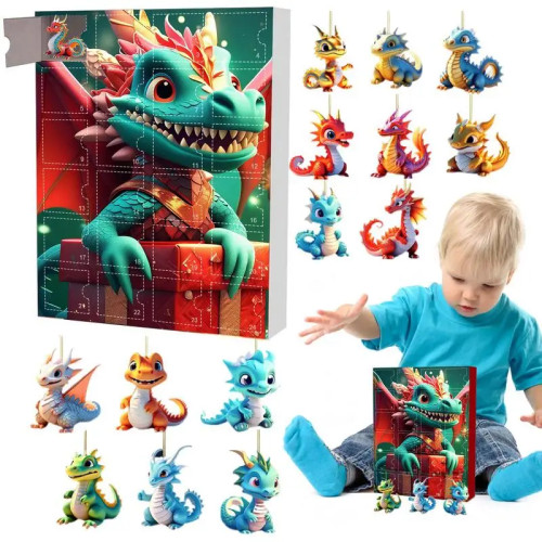 Рождественский адвент-календарь с драконом, 24 дня отпуска, Адвент-календарь, 2D акриловый кулон в виде динозавра для автомобиля, декор для рождественской елки