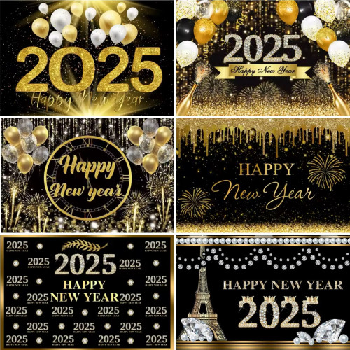 2025 С Новым годом тема, семейный сбор, вечерние фон, фейерверк, шампанское, золотой воздушный шар, баннер, украшение, фон