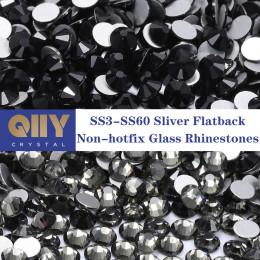 QIIY SS3-SS60 Черная серия Высококачественные стеклянные стразы Супер яркие без горячей фиксации Клей с плоской задней поверхностью на 3D камнях для дизайна ногтей своими руками