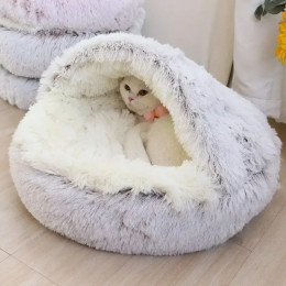 Круглая подушка для кошек, полузакрытые мешки для сна для домашних животных, длинные мягкие плюшевые 2 в 1, теплые кровати для кошек, простое комфортное теплое гнездо для сна для щенков