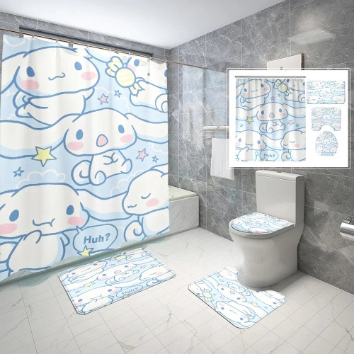Водонепроницаемая занавеска для душа Cinnamoroll, 4 шт. в комплекте, мультяшная занавеска Kawaii С нескользящими ковриками, крышка для унитаза, коврик для ванной с крючками