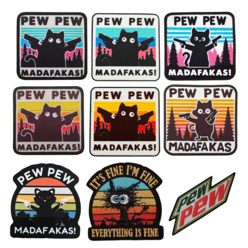 Тактические нашивки Pew Madafakas, забавная вышивка, нашивка на липучке, военная нашивка с двойным копьем, черный кот, боевой значок, наклейки на рюкзак