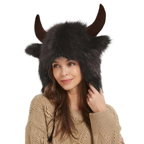 Шапка Bison Hat | Плюшевая шапка с рожками | Головной убор с пушистыми ушами для Хэллоуина подарок для мужчин и женщин для фестиваля косплея животных