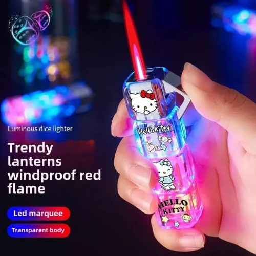 Новая зажигалка Hello Kitty DiceGas со светящимся мультяшным рисунком, ветрозащитная зажигалка с розовым пламенем, аксессуары для сигарет, подарок для девочки