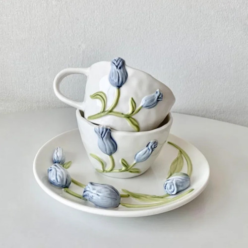 Керамическая кружка, дизайн, трехмерная кружка с тиснением, узор тюльпана с ручкой, чашка для молока, тарелка для торта, аксессуары для домашней кухни