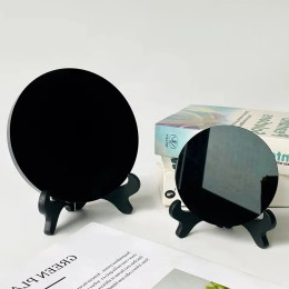 Натуральное высококачественное зеркало для сушки черного обсидиана, целебные кристаллы, каменная круглая пластина, зеркало для колдовства, хрустальный декор с полкой
