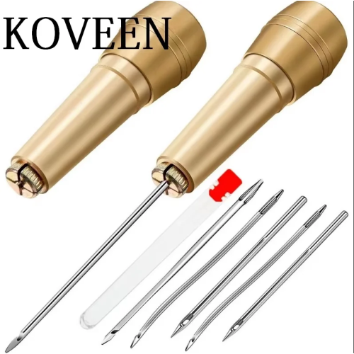 KOVEEN, 9 шт., набор шило с медной ручкой, набор иголок для шитья кожи, подходит для ремонта кожаной парусиновой обуви-палатки
