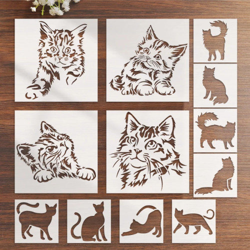 YOMDID 12 шт., трафареты для граффити серии Lovely Cat, многоразовые трафареты для рисования с несколькими узорами «сделай сам», полые декоративные шаблоны