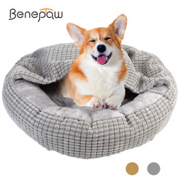 Benepaw Уютная кровать для собак с капюшоном, пушистая ортопедическая круглая пончик, обнимашка для домашних животных, успокаивающая кровать для тревоги, моющаяся мягкая нескользящая пещера для щенков и кошек