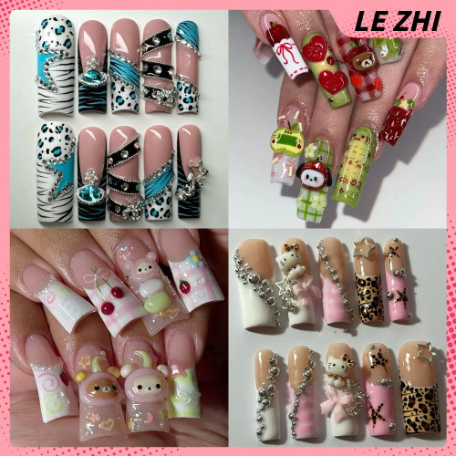 Шоколадный крем Rilakkuma Hello Kitty, полное покрытие, пресс на ногтях, клубника, утка, квадратный миндаль, настраиваемая наклейка для накладных ногтей