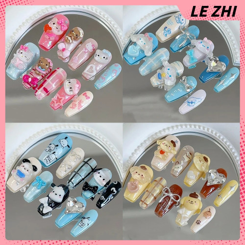 10 шт., Лидер продаж Sanrio Cinnamoroll Hello Kitty Kuromi, длинный гроб, короткие круглые накладные ногти, Mymelody, съемный дизайн ногтей ручной работы