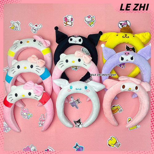 Милая плюшевая повязка для волос Hello Kitty Cinnamoroll для детей и взрослых, эластичный нескользящий обруч для волос, повязка на голову для лица, аксессуары для декора волос