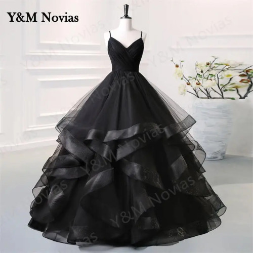 Черные платья для девушек Y&M Novias Quinceanera с оборками милое платье принцессы на бретелях 15 девушек Vestidos De Quinseanera