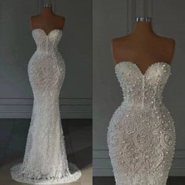 Luxury Mermaid Wedding Dresses For Women Sweetheart Neck Sleeveless Bridal Gown Pearls Sequins Sweep Train Customized Dress