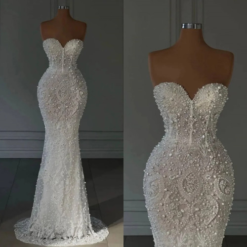 Luxury Mermaid Wedding Dresses For Women Sweetheart Neck Sleeveless Bridal Gown Pearls Sequins Sweep Train Customized Dress