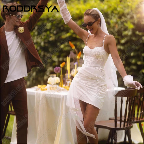 Свадебное платье RODDRSYA с объемными цветами, Короткое свадебное платье на тонких бретелях для невесты, 2024 г., свадебные платья без рукавов для невесты3D Цветы Короткое свадебное платье 2024 Невеста Спагетти Ремески
