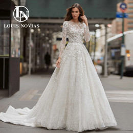 LOUIS NOVIAS Свадебные платья трапециевидной формы SCOOP с блестками Иллюзия и бисером с длинными рукавами и шлейфом Свадебное платье Vestidos De Novia