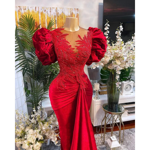 Индивидуальные платья больших размеров в арабском стиле Aso Ebi с красным кружевом русалки для выпускного вечера, расшитые бисером и прозрачным вырезом, вечерние вечерние платья для второго приема