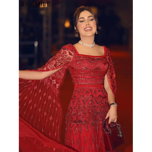 SWEMILE Саудовское платье трапециевидной формы с бисером для выпускного вечера с квадратным воротником и длинными рукавами, вечернее платье для свадебной вечеринки, платья de noche فساتين سهرة