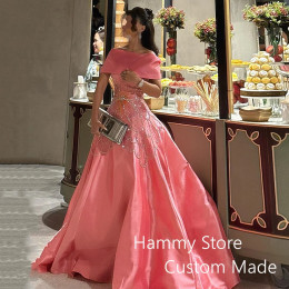 Saudi Arabian Evening Dress Customized Off The Shoulder Boat Neck Beading A Line Satin Prom Gown Arab Party Dresses Pageant