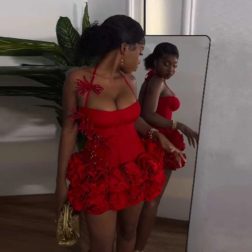 Aso Ebi Style Rose Flower Red Мини-платье на день рождения Уникальное короткое платье ручной работы с цветочным принтом для свадебной вечеринки Черное мини-платье для выпускного вечера для девочек