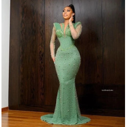Зеленые африканские вечерние платья Aso Ebi, Русалка с длинными рукавами и кристаллами, вечернее платье, платья для выпускного вечера для черных девочек по индивидуальному заказу