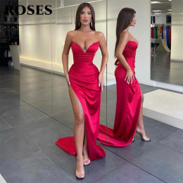 ROSES Красное сексуальное вечернее платье русалки с открытыми плечами и v-образным вырезом с боковым разрезом и складками Платье для выпускного вечера Аравия Блестящие атласные вечерние платья по индивидуальному заказу